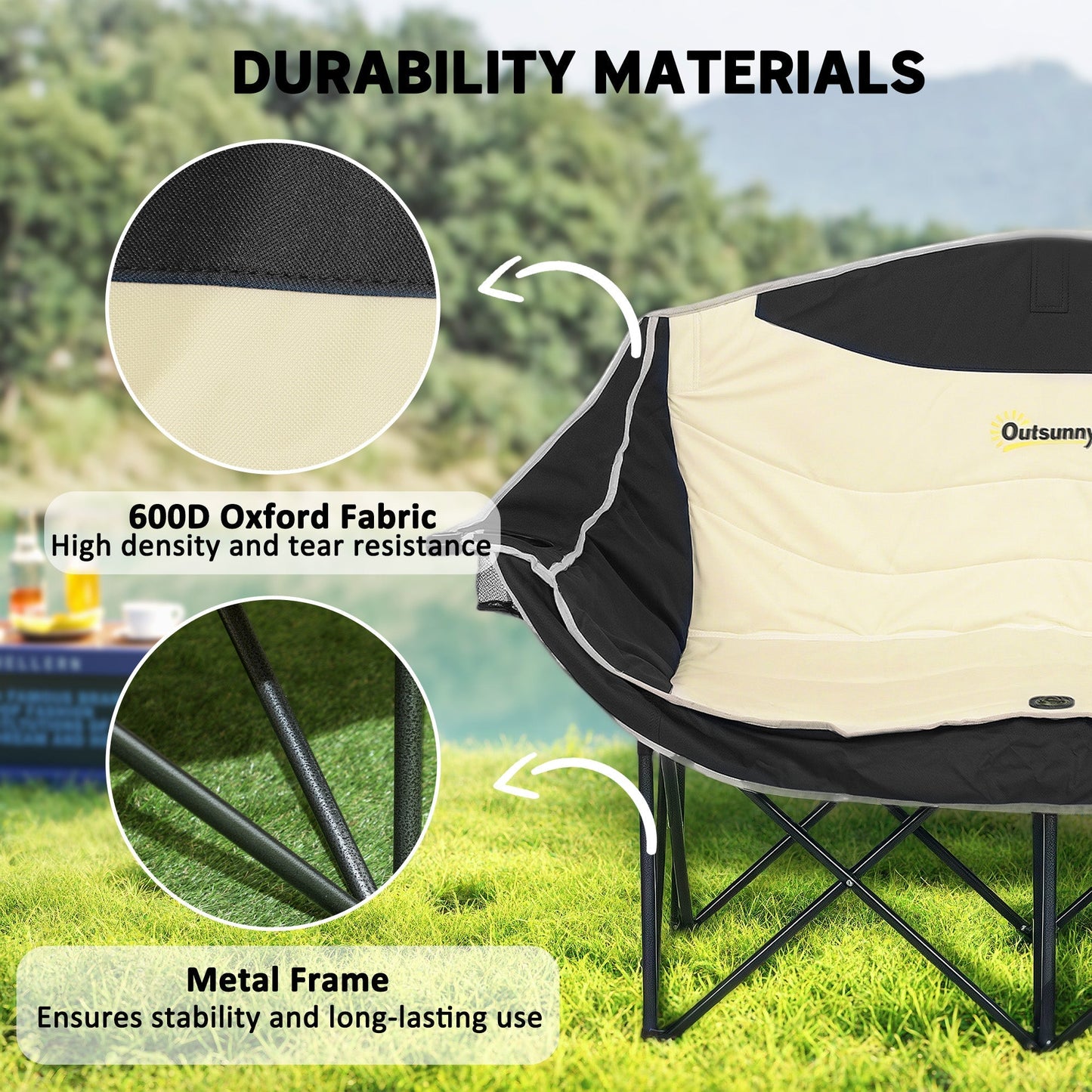 Outsunny Double Camping Chair for Adults, Oversized Heavy Duty Padded Folding Chair with Armrests, Cup Holders and Carry Bag for Outdoor Camping Hiking Picnic Fishing, 250kg Capacity, Khaki