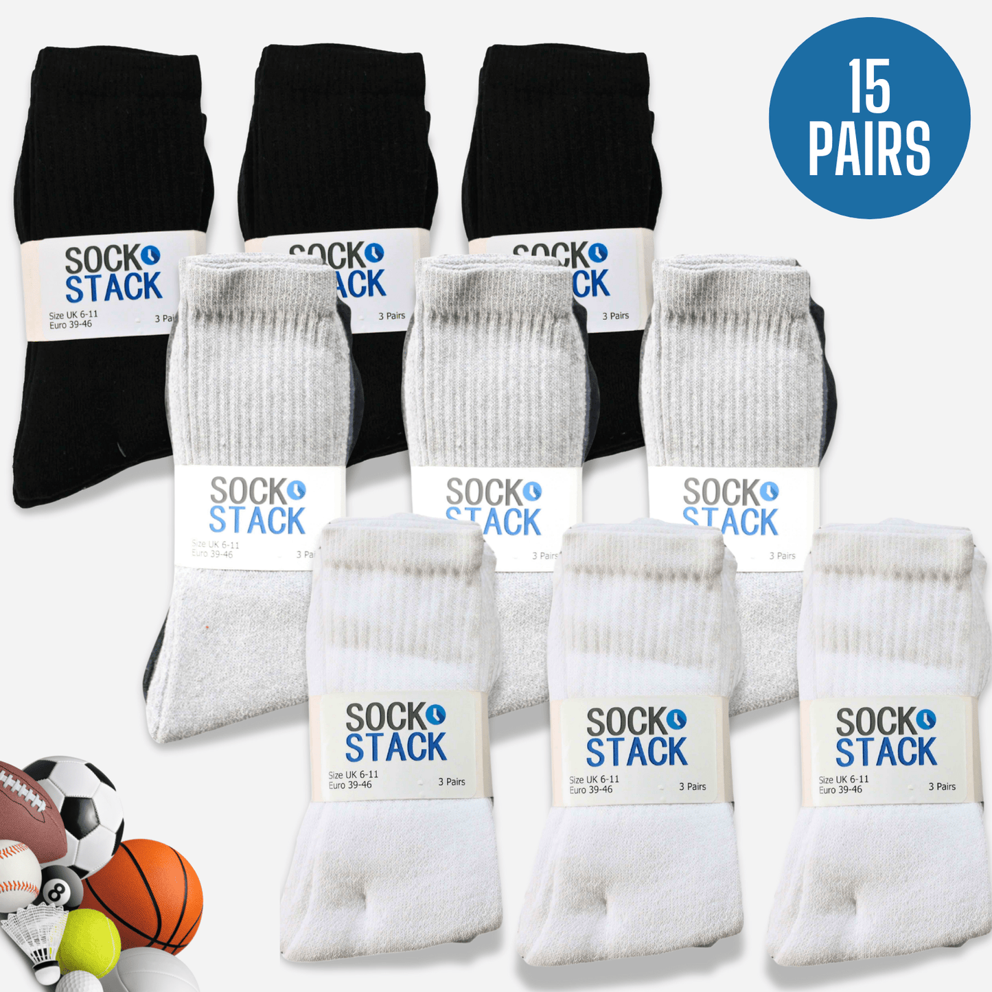 Sock Stack Mens Cotton Rich Performance Sport Socks 15 Pairs UK 6-11 Black Grey White