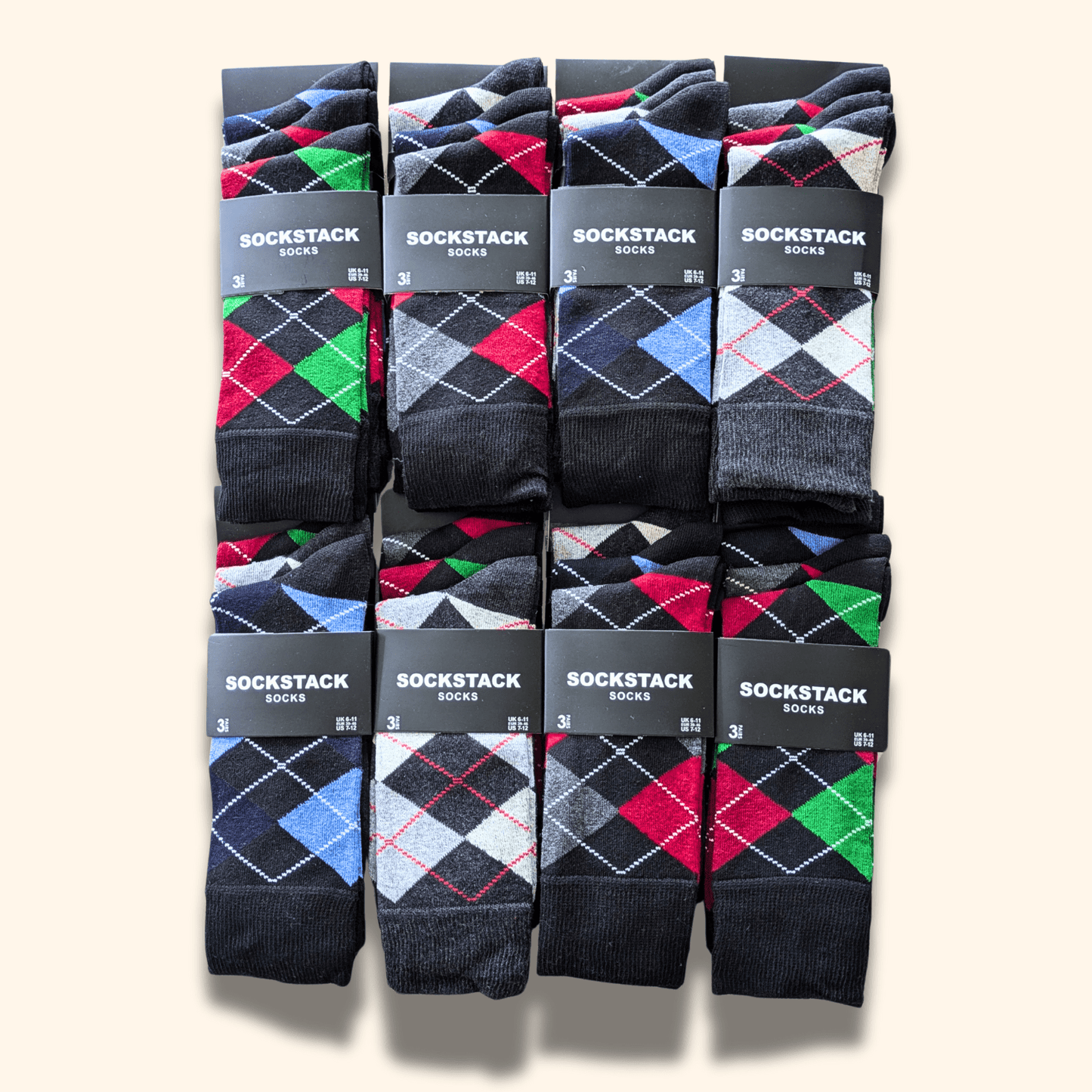 Sock Stack 24 Pairs Men's Cotton Colourful Heel Toe Black Argyle Diamond Easycare Comfortable Durable Shoe Socks For Work School Business Wear UK 6-11