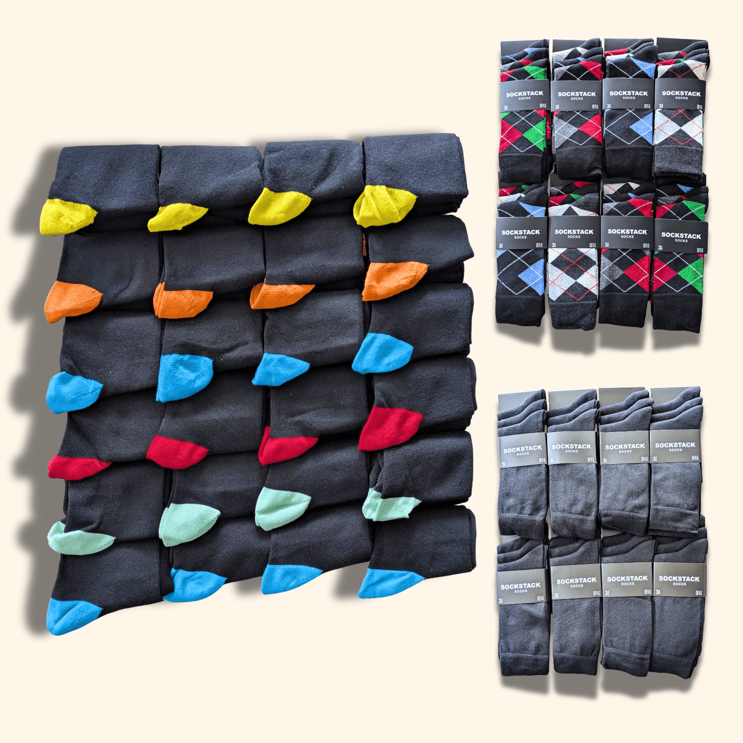 Sock Stack 24 Pairs Men's Cotton Colourful Heel Toe Black Argyle Diamond Easycare Comfortable Durable Shoe Socks For Work School Business Wear UK 6-11