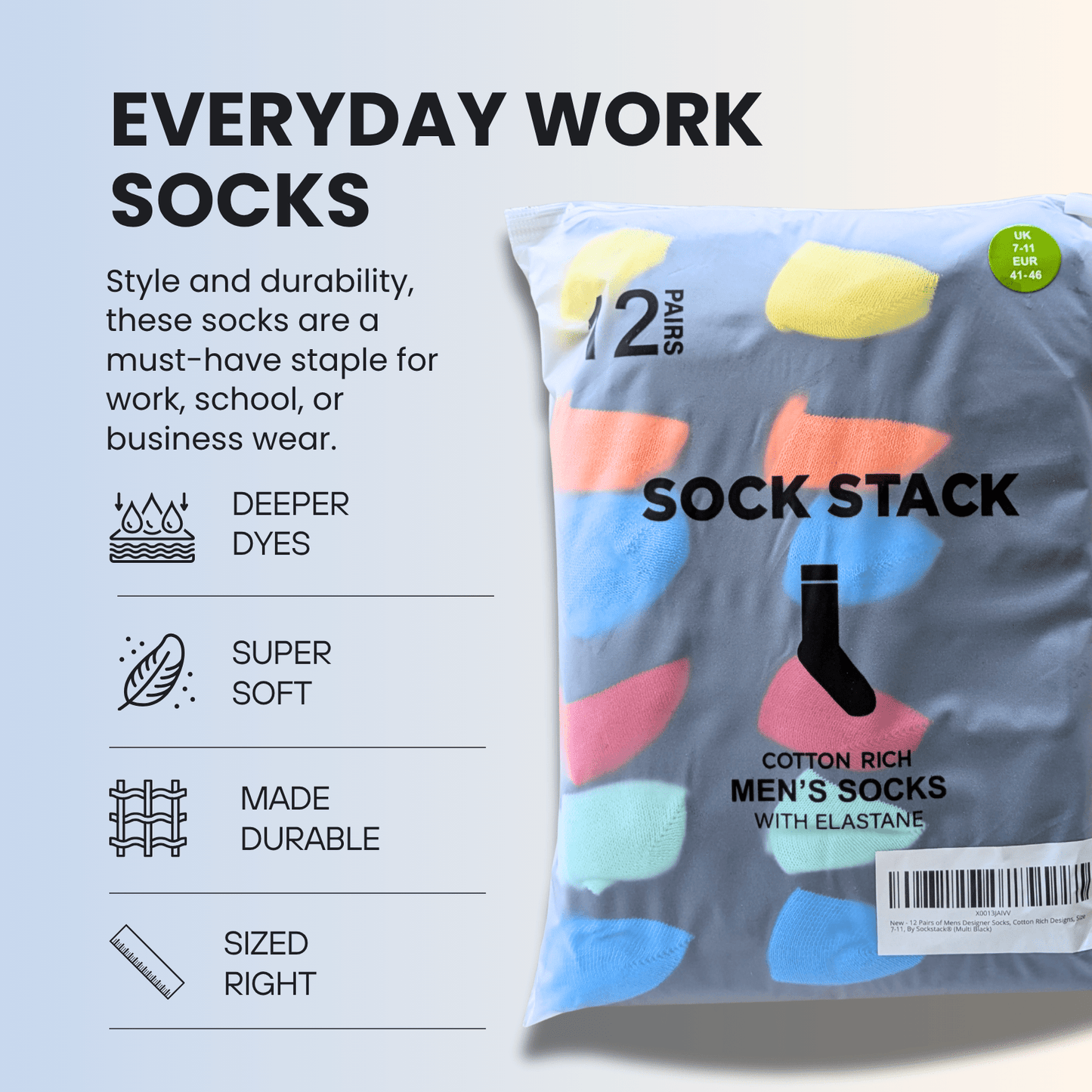 Sock Stack 24 Pairs Men's Cotton Colourful Heel Toe Black Argyle Diamond Easycare Comfortable Durable Shoe Socks For Work School Business Wear UK 6-11