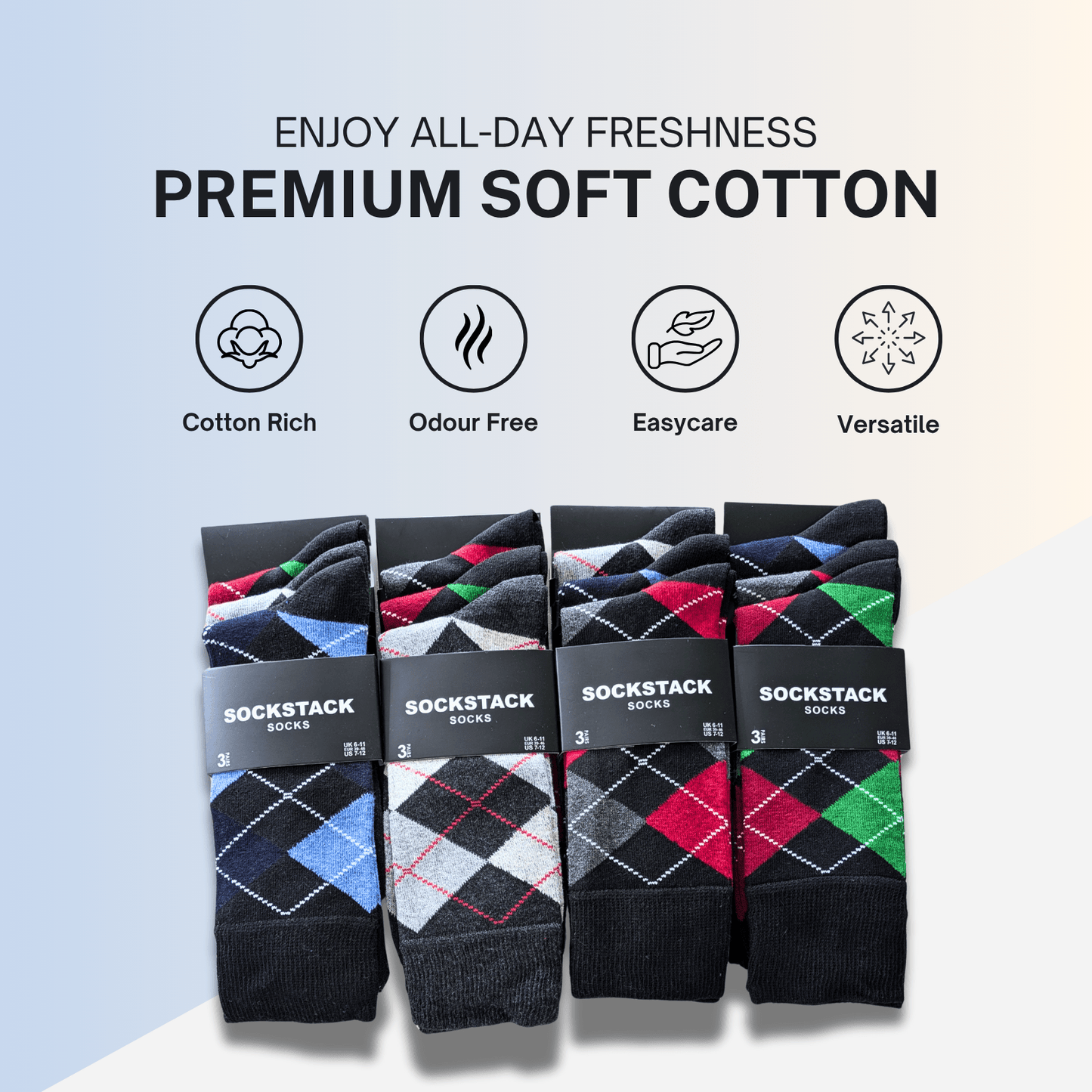 Sock Stack 24 Pairs Men's Cotton Colourful Heel Toe Black Argyle Diamond Easycare Comfortable Durable Shoe Socks For Work School Business Wear UK 6-11