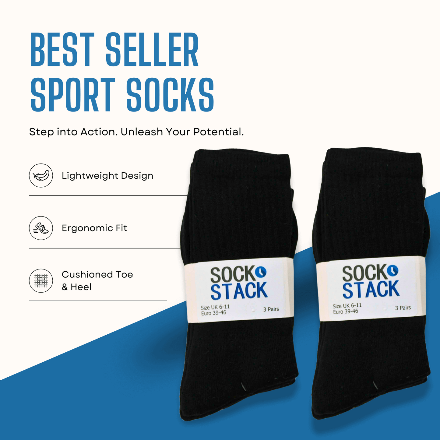 Sock Stack Mens Cotton Rich Performance Sport Socks 15 Pairs UK 6-11 Black Grey White