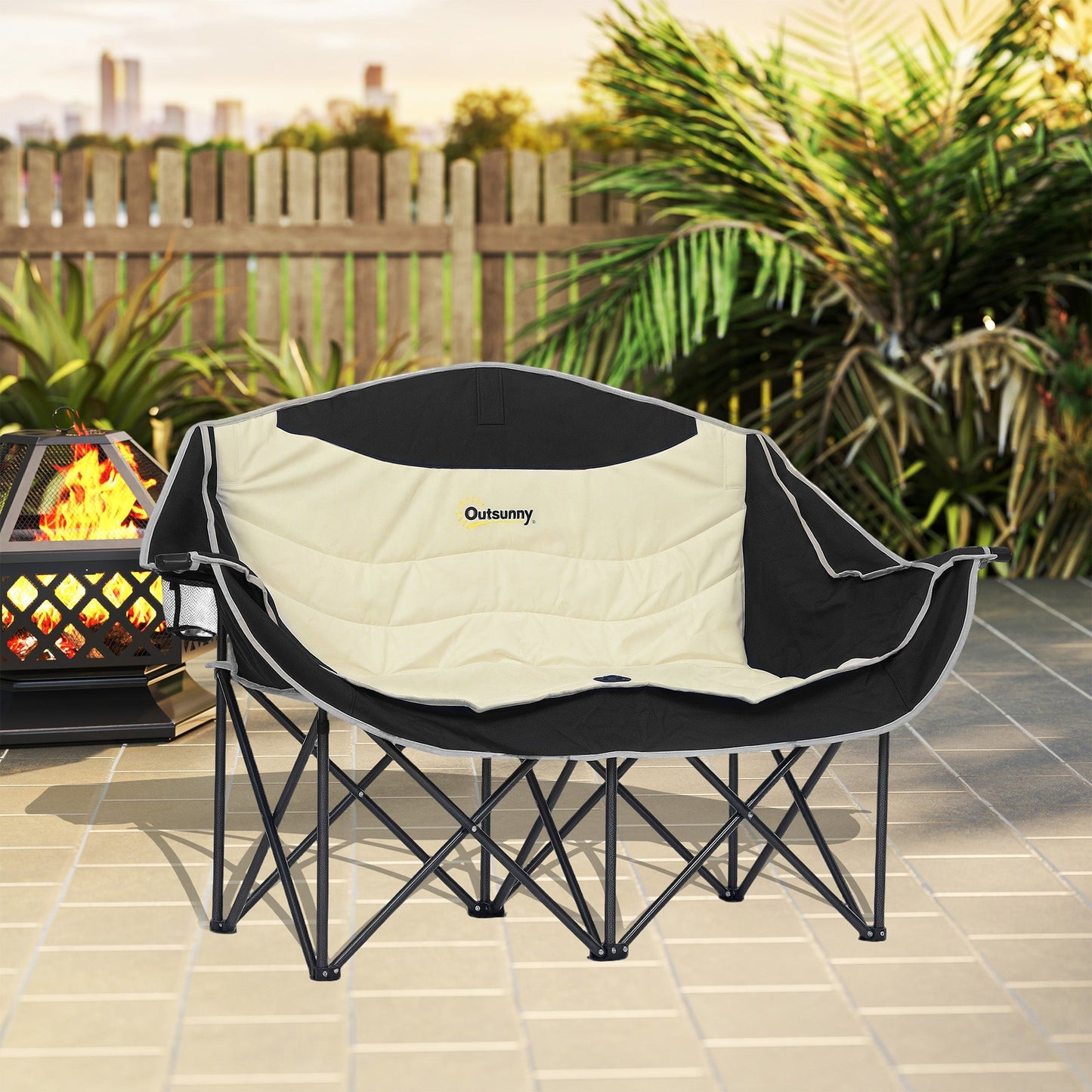 Outsunny Double Camping Chair for Adults, Oversized Heavy Duty Padded Folding Chair with Armrests, Cup Holders and Carry Bag for Outdoor Camping Hiking Picnic Fishing, 250kg Capacity, Khaki