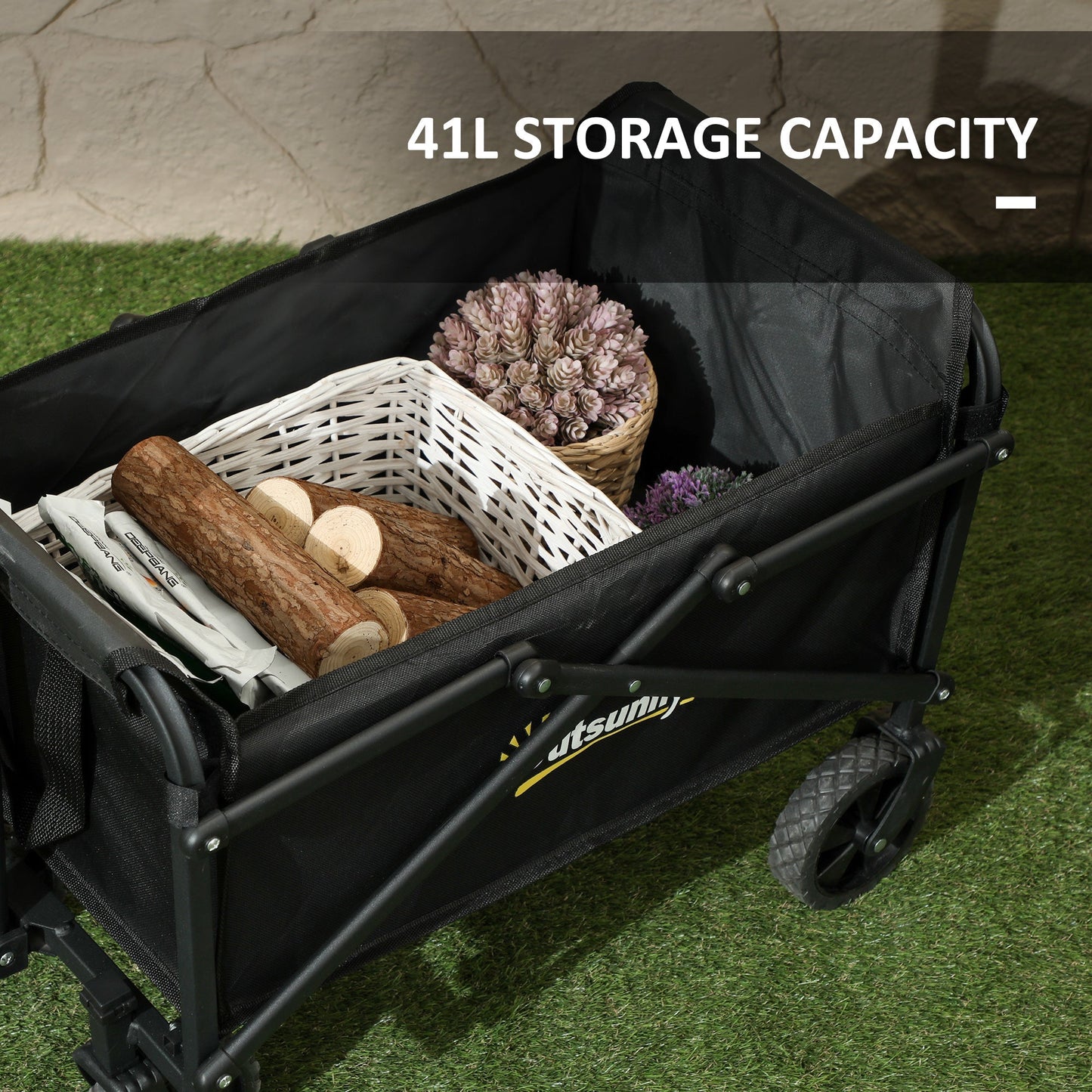 Outsunny 41L Festival Trolley on Wheels, Small Garden Folding Trolley Cart, 60kg Heavy Duty Collapsible Folding Wagon with Adjustable Handle and Carrying Bag for Beach, Camping, Festival, Black
