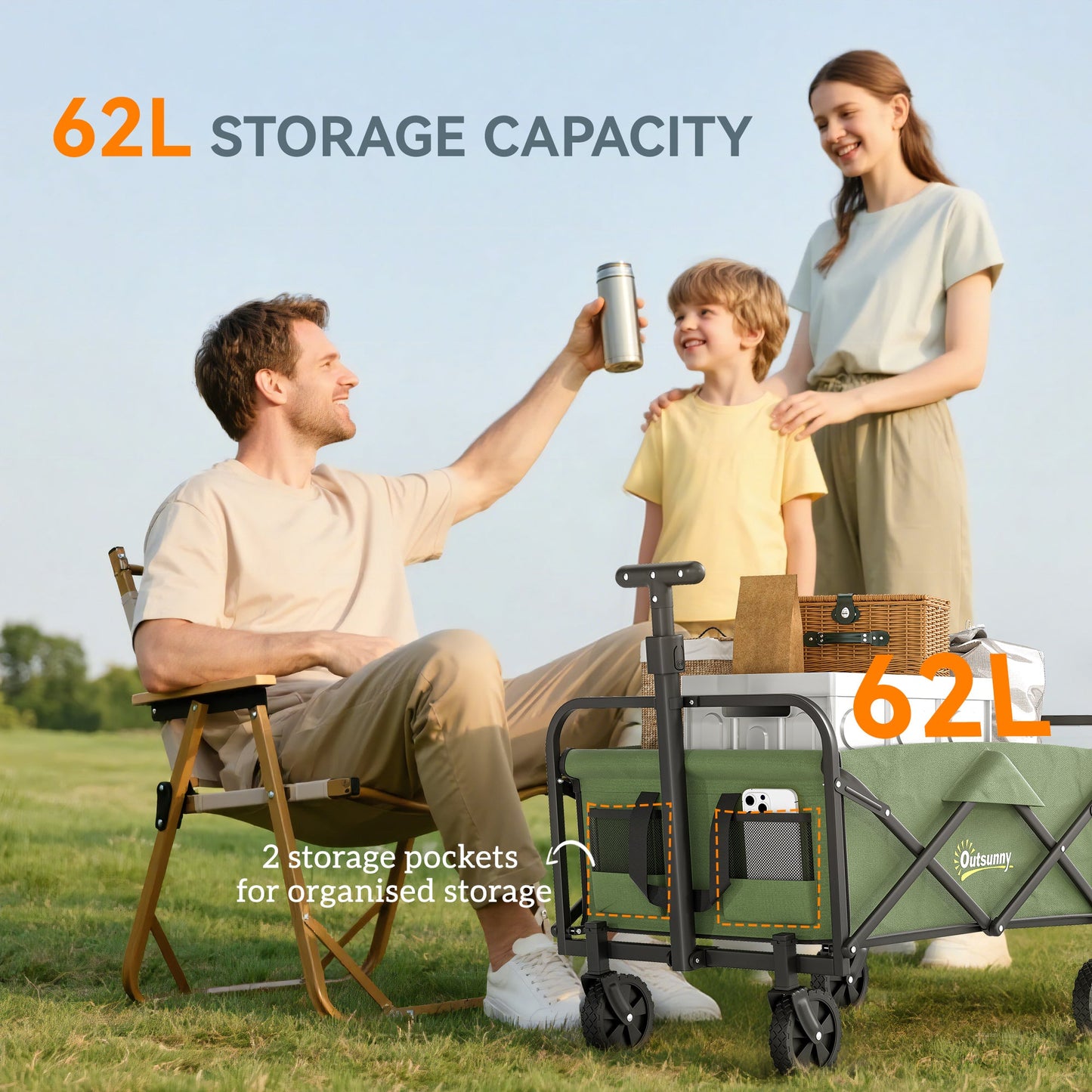 Outsunny 62L Festival Trolley on Wheels, Garden Folding Cart, 120kg Heavy Duty Collapsible Folding Wagon  Beach, Camping, Festival, Green