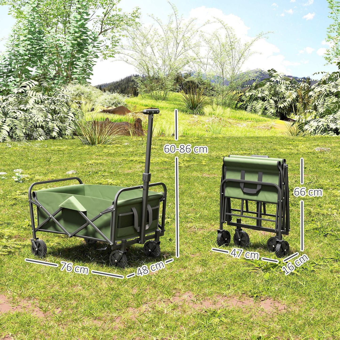 Outsunny 62L Festival Trolley on Wheels, Garden Folding Cart, 120kg Heavy Duty Collapsible Folding Wagon  Beach, Camping, Festival, Green