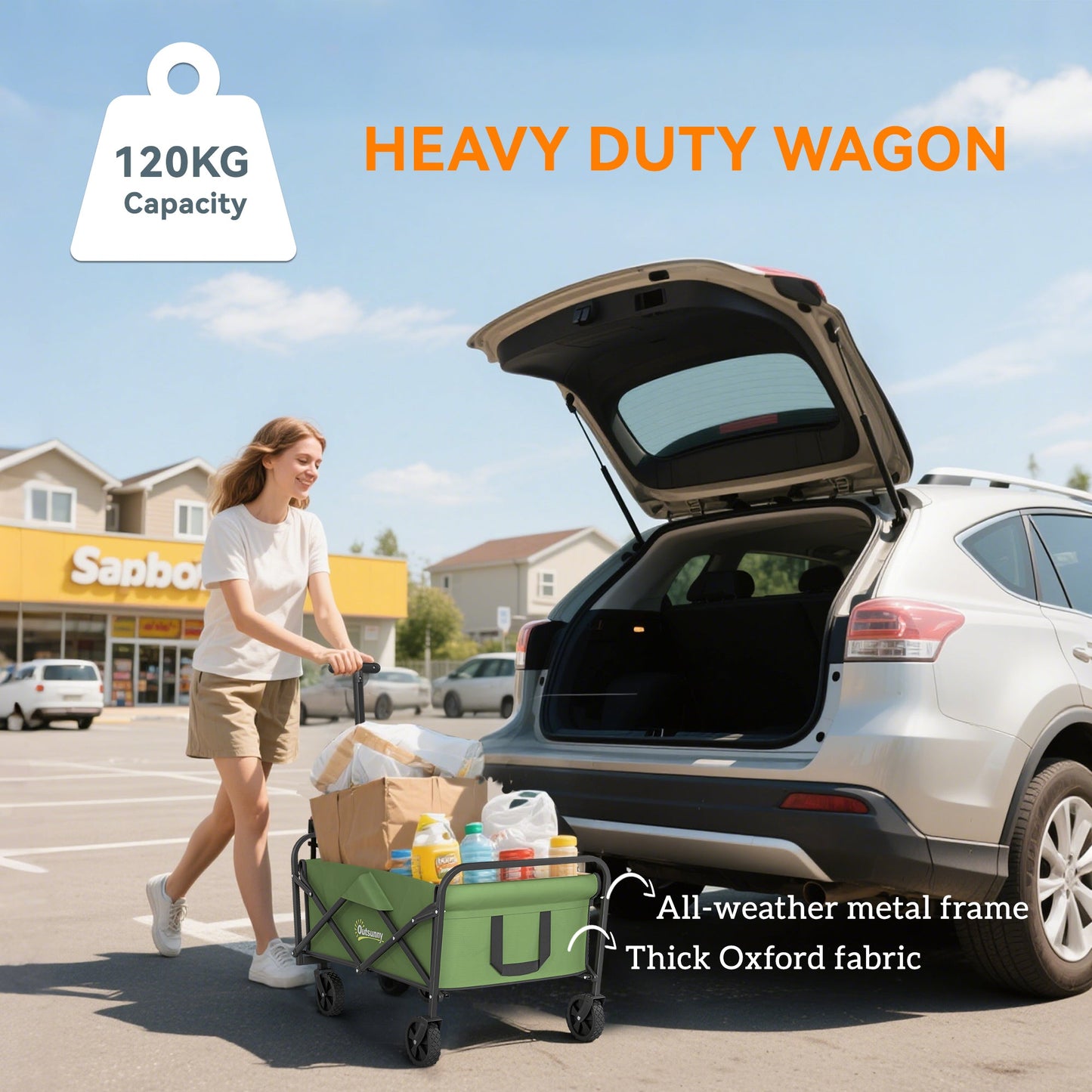Outsunny 62L Festival Trolley on Wheels, Garden Folding Cart, 120kg Heavy Duty Collapsible Folding Wagon  Beach, Camping, Festival, Green