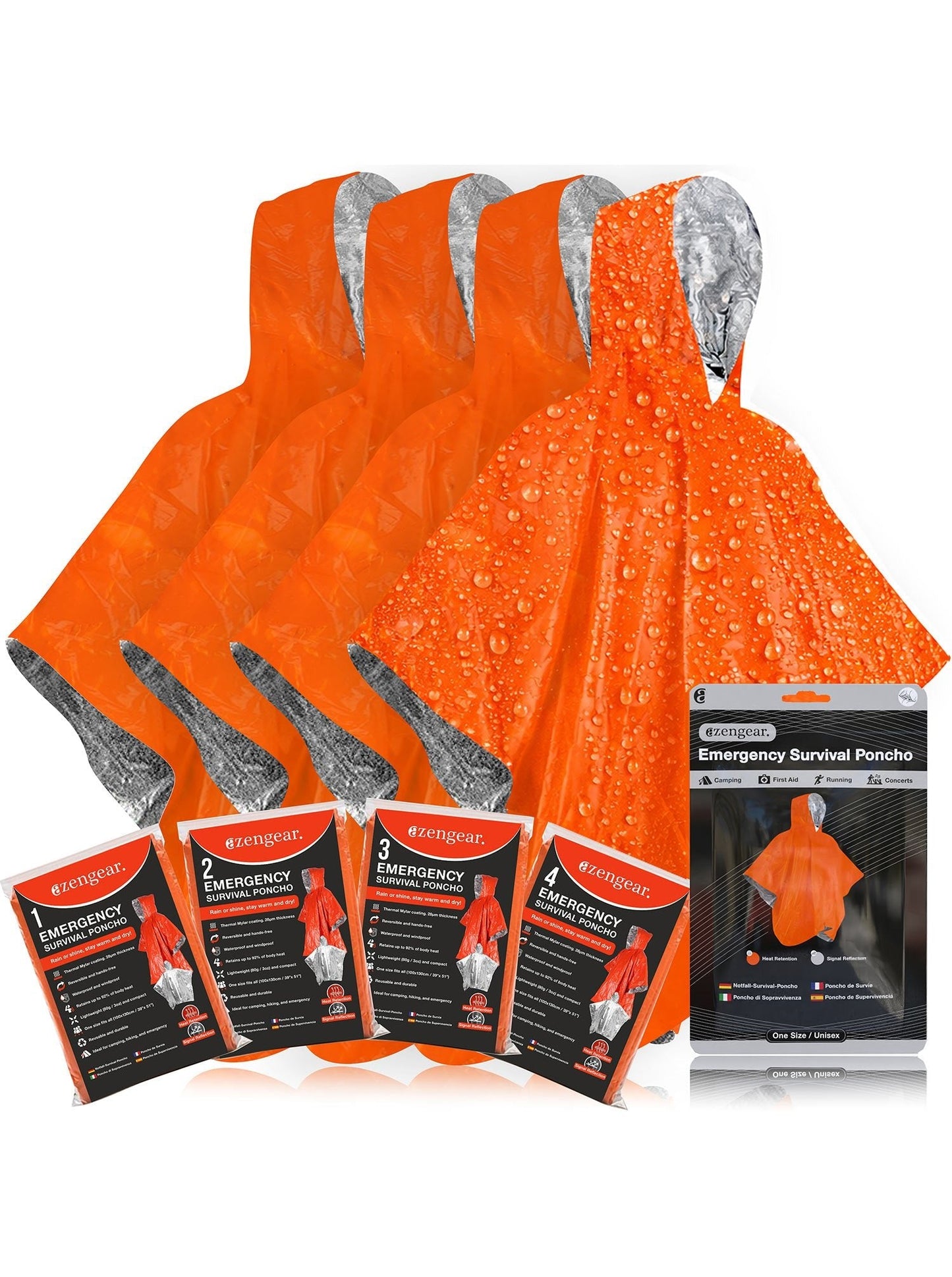 Emergency Survival Poncho (4pc) Thermal Mylar Foil Coating Blanket for Heat Retention and Rain | Reversible with Hood | Waterproof, Windproof, Portable, Hands-free, Outdoor Kit
