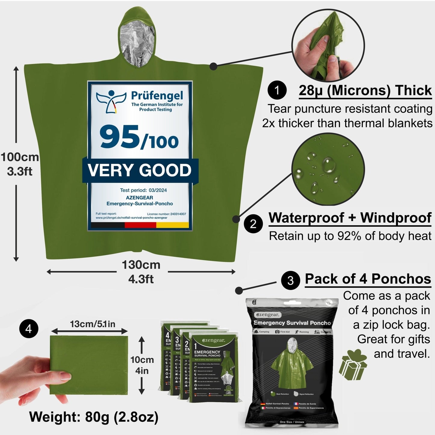 Emergency Survival Poncho (4pc) Thermal Mylar Foil Coating Blanket for Heat Retention and Rain | Reversible with Hood | Waterproof, Windproof, Portable, Hands-free, Outdoor Kit