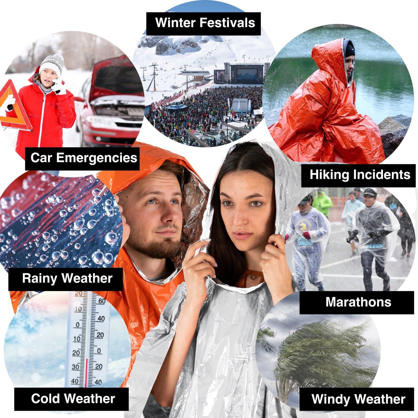 Emergency Survival Poncho (4pc) Thermal Mylar Foil Coating Blanket for Heat Retention and Rain | Reversible with Hood | Waterproof, Windproof, Portable, Hands-free, Outdoor Kit