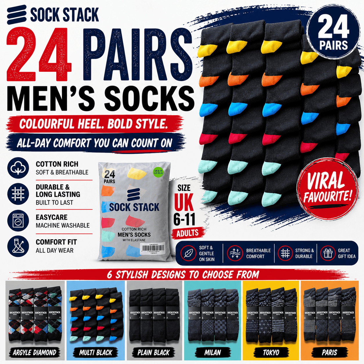 Sock Stack 24 Pairs Men's Cotton Colourful Heel Toe Black Argyle Diamond Easycare Comfortable Durable Shoe Socks For Work School Business Wear UK 6-11