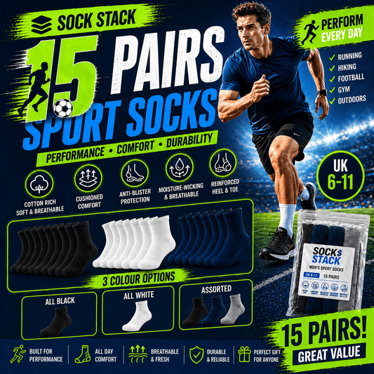Sock Stack Mens Cotton Rich Performance Sport Socks 15 Pairs UK 6-11 Black Grey White
